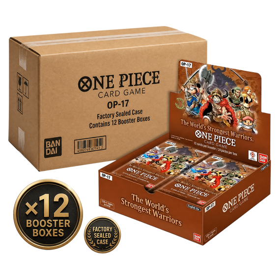 One Piece OP-17 The World's Strongest Warriors Factory Sealed Booster Case (12 Booster Boxes) English Edition Preorder — factory sealed, shown in original packaging